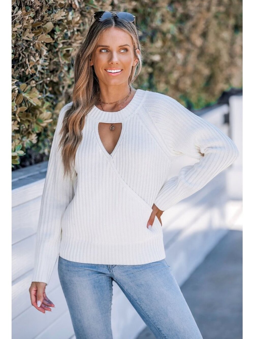 NWT Cupshe White Ribbed Knit Cutout Sweater - Size: Extra Small